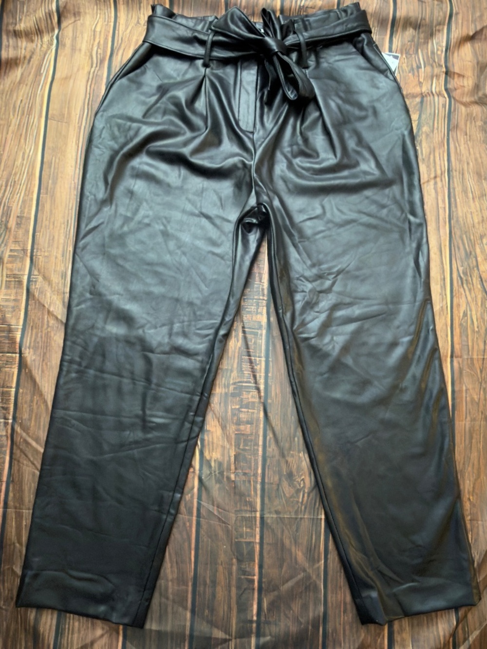 NWT Bar III Faux Leather Paperbag Waist Belted Pants Black Size 10 Trendy